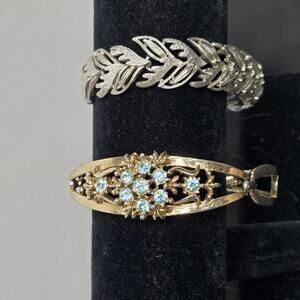 Vintage Coro Bracelets Set of 2 Silver Tone Leaf Link Gold Tone Blue Rhinestone